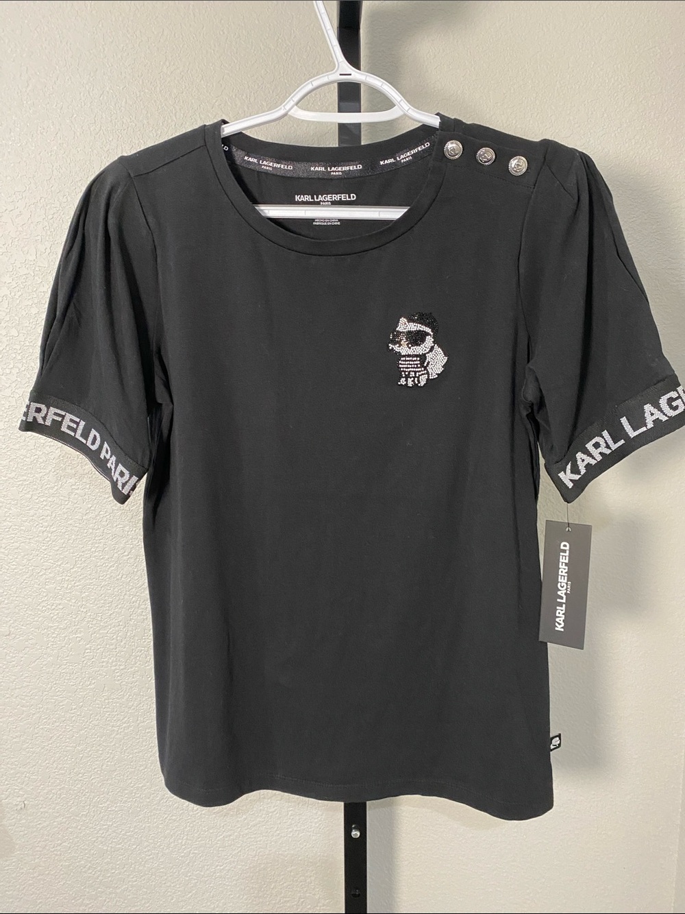 Karl Lagerfeld Black Tee with Rhinestone Karl Motif and Branded Sleeve Trim